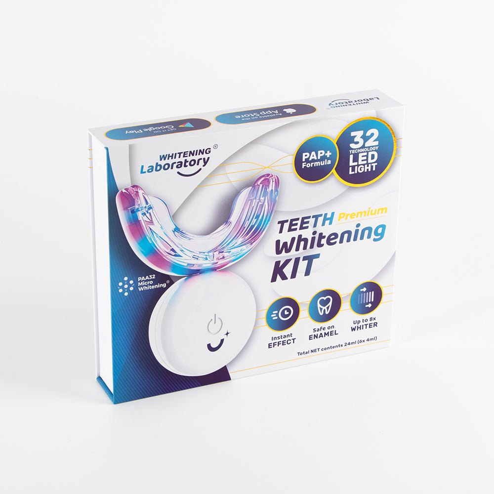 Complete LED Teeth Whitening Kit with Whitening Gel Tubes from Whitening Laboratory for at-home treatment.