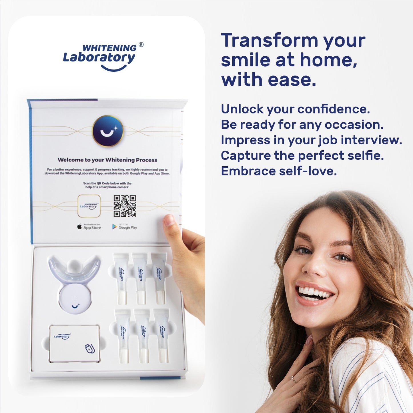 Whitening Laboratory's Teeth Whitening Kit with LED device and gels, complete with a welcome guide and QR code for app download.