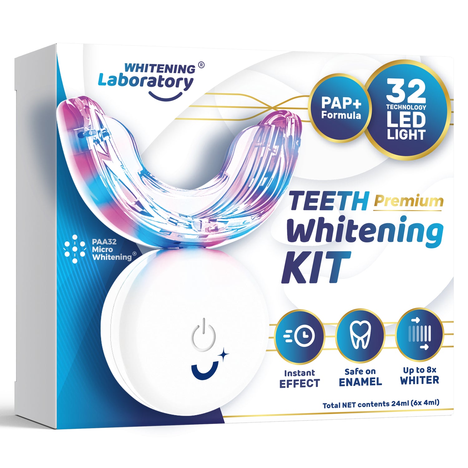 Complete LED Teeth Whitening Kit with Whitening Gel Tubes from Whitening Laboratory for at-home treatment.