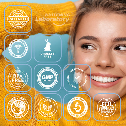 Close-up of a smiling woman with icons for Whitening Laboratory's product certifications including cruelty-free, BPA-free, vegan, and eco-friendly formulas.