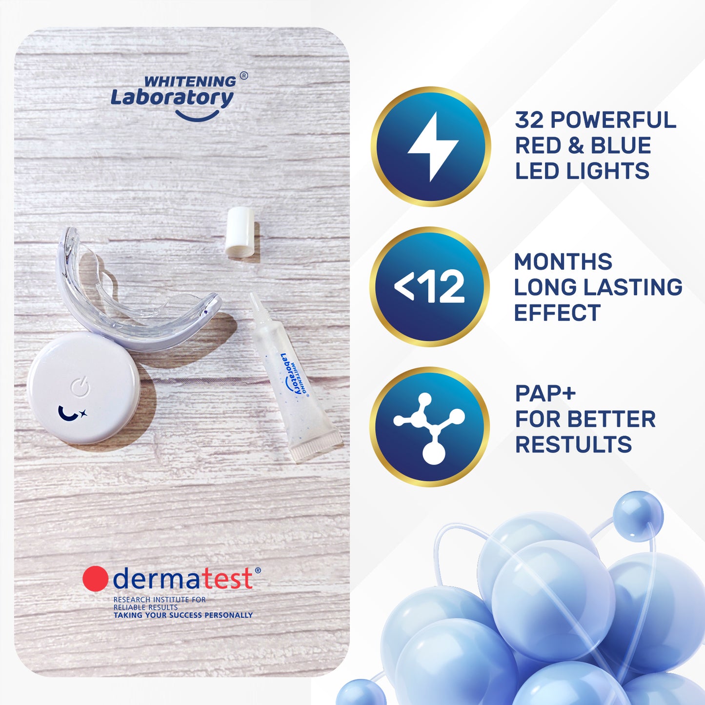 Whitening Laboratory LED teeth whitening device with 32 red and blue lights, alongside whitening gel, highlighting long-lasting effects and PAP+ formula for better results.