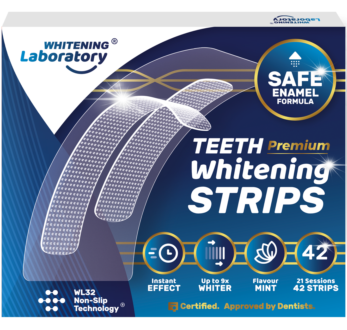 Box of Premium Teeth Whitening Strips by Whitening Laboratory for sensitive teeth with PAP+ formula.