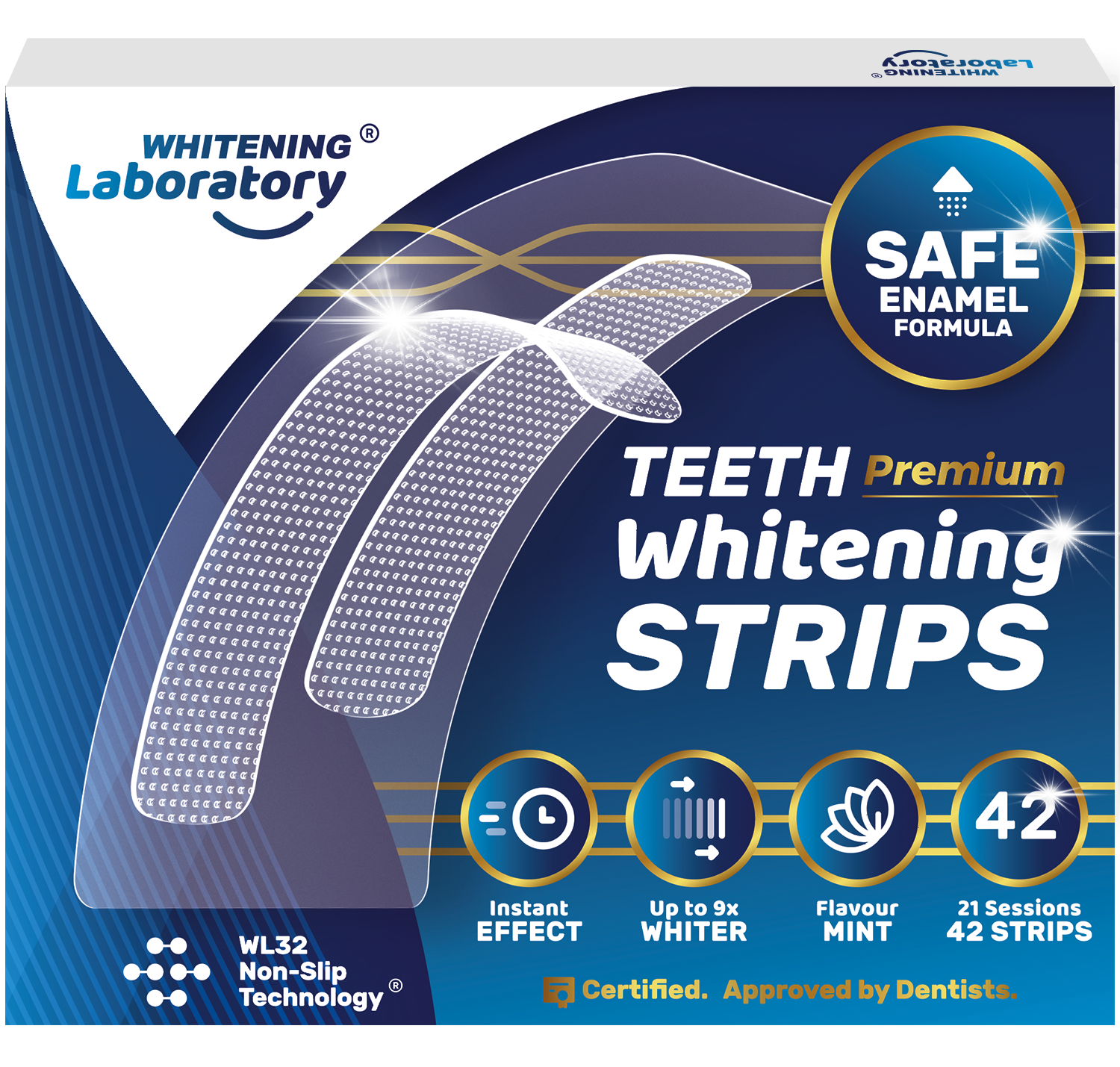 Box of Premium Teeth Whitening Strips by Whitening Laboratory for sensitive teeth with PAP+ formula.