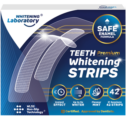 Box of Premium Teeth Whitening Strips by Whitening Laboratory for sensitive teeth with PAP+ formula.