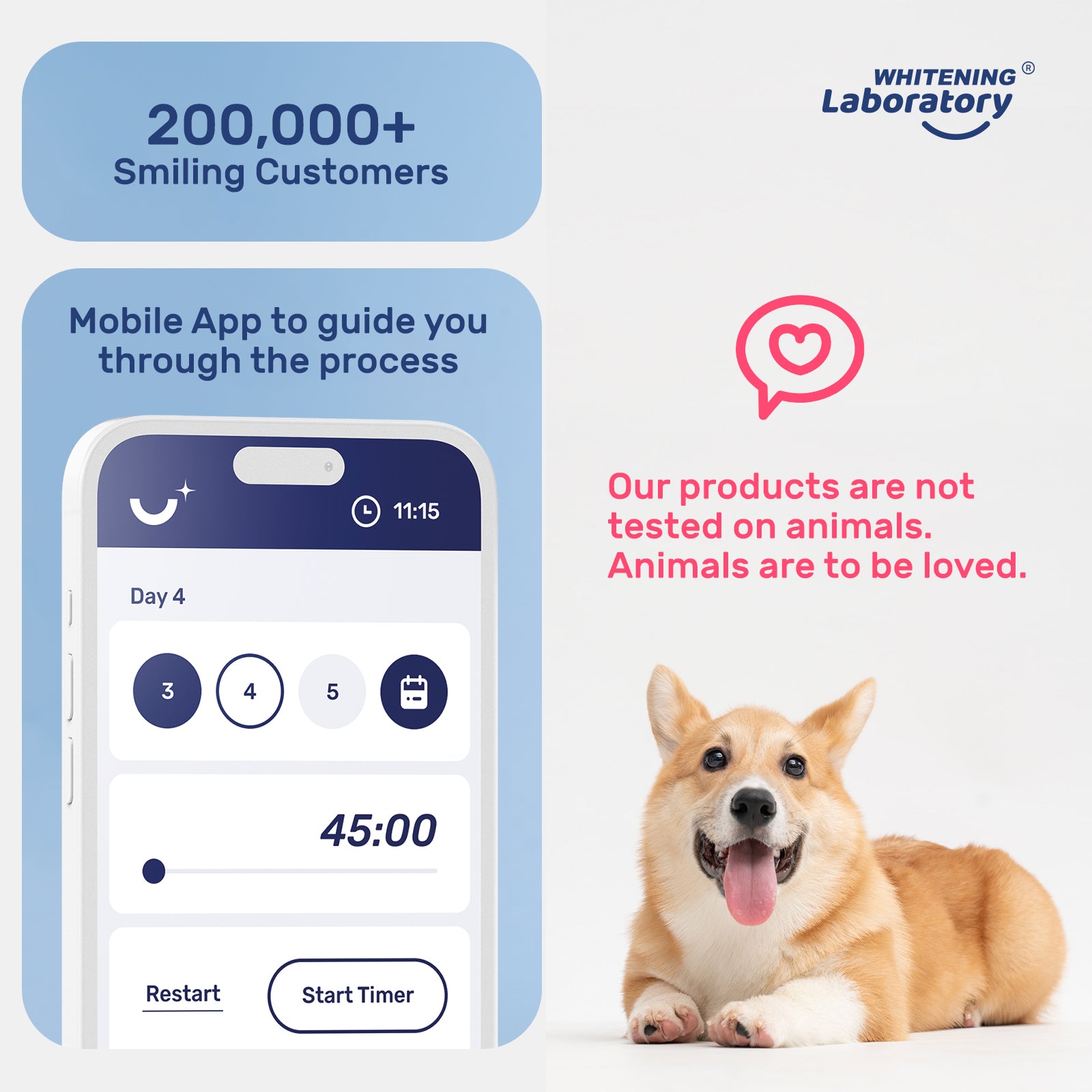 Whitening Laboratory mobile app screenshot showing a timer, along with a message about products not being tested on animals, featuring a happy dog.