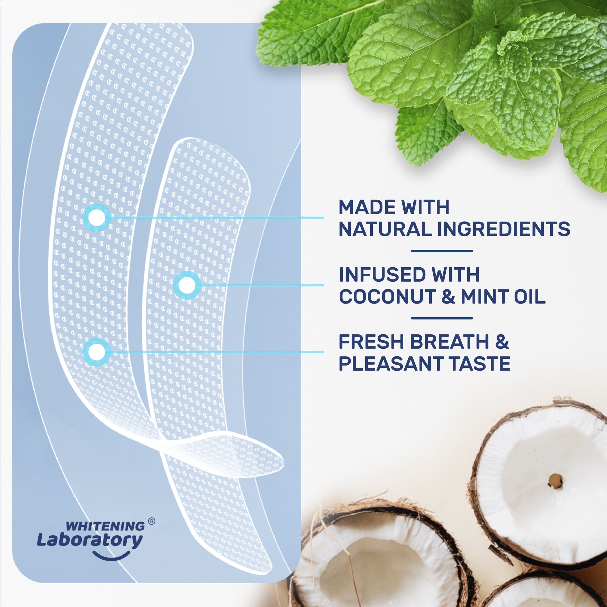 Infographic highlighting natural ingredients in Whitening Laboratory's strips, including coconut and mint oil for fresh breath and pleasant taste.
