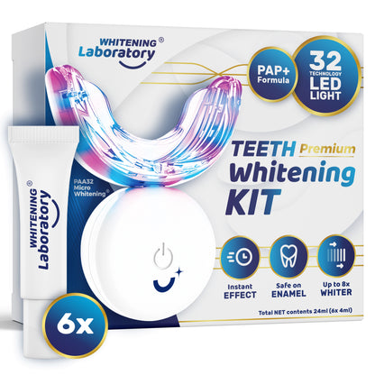 Premium LED Light - Teeth Whitening Kit - 6 x Whitening Gel Tubes - Mobile App