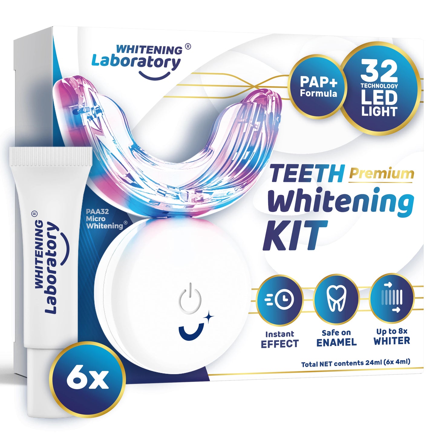 Premium LED Light - Teeth Whitening Kit - 6 x Whitening Gel Tubes - Mobile App