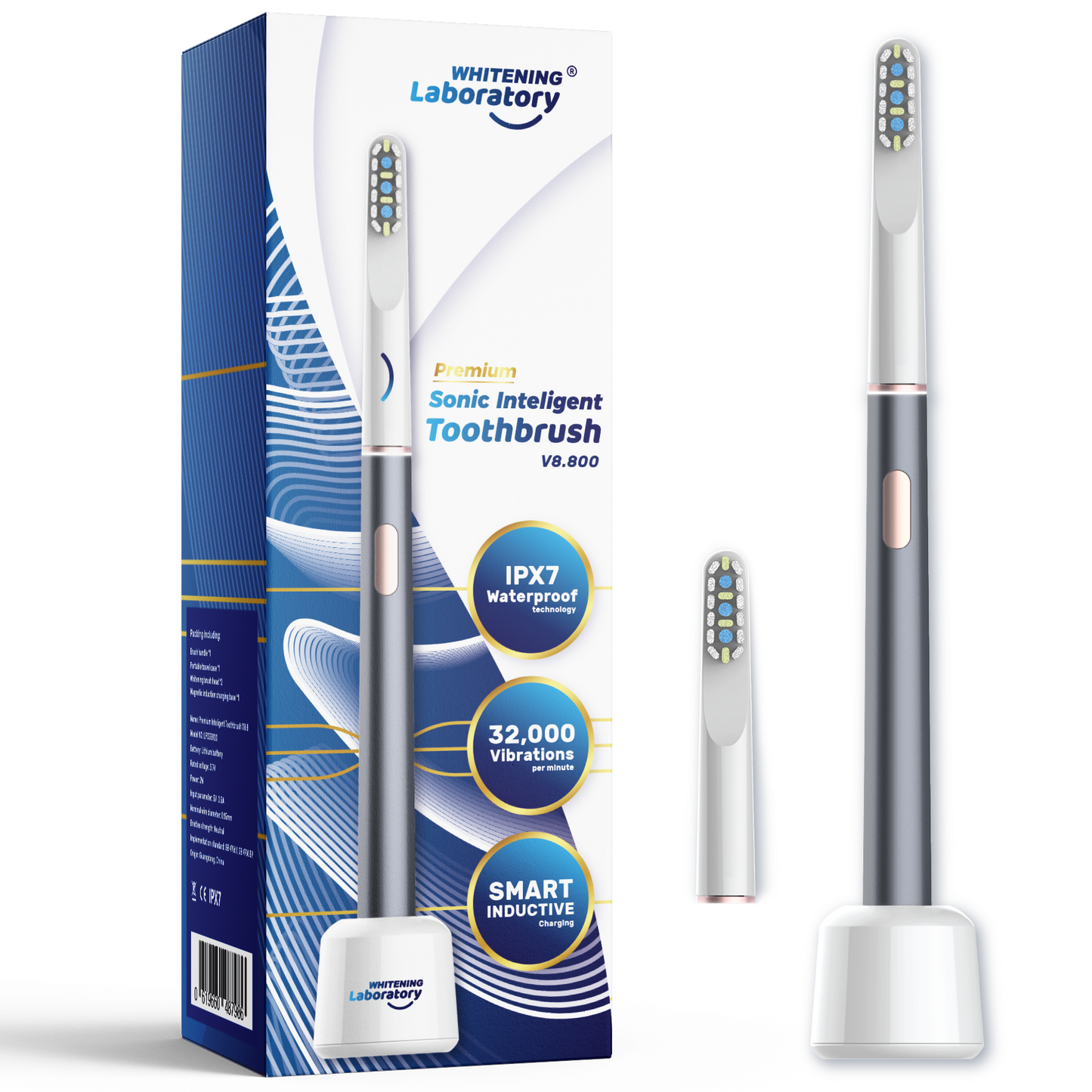 Whitening Laboratory's sonic toothbrush next to its portable travel box and induction charging base, emphasizing convenience and advanced technology.