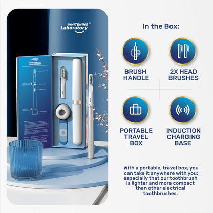 Packaging of Whitening Laboratory's Premium Sonic Intelligent Toothbrush with features like 32,000 vibrations per minute and smart inductive charging.