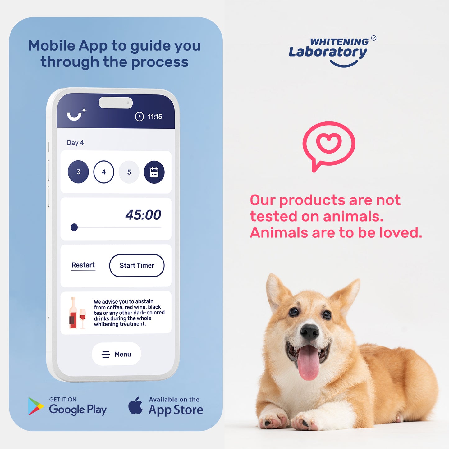 Whitening Laboratory mobile app interface on a smartphone for guiding users through whitening treatment, with a friendly dog emphasizing animal-friendly products.